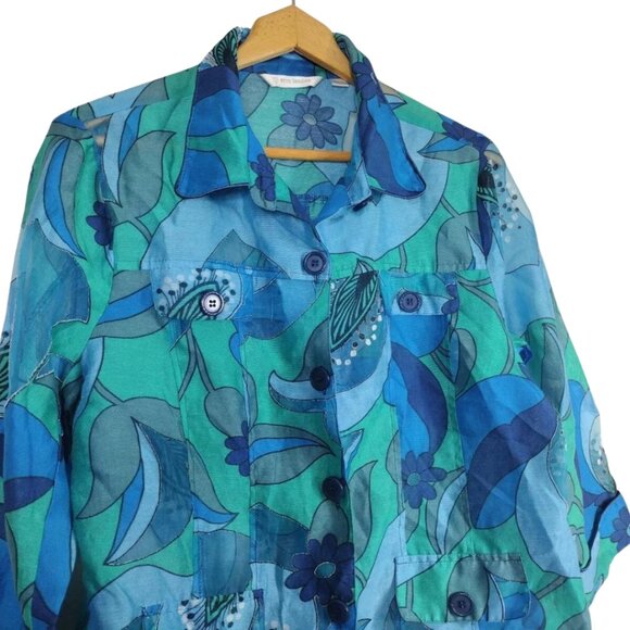 Erin London Floral Blazer Jacket Women's Lined Front Button Blue Green Size L - Picture 3 of 11